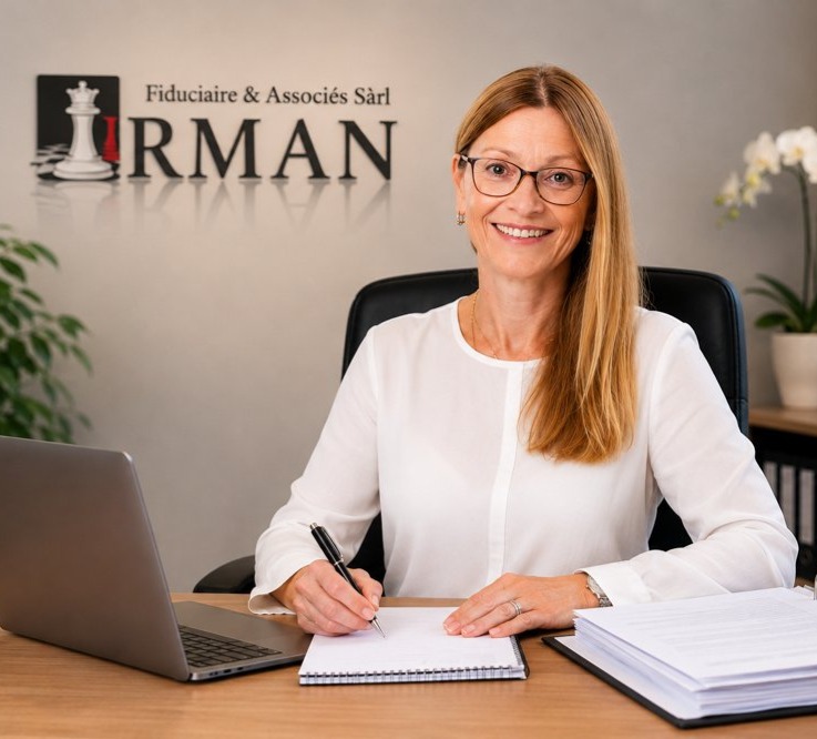 Irina, fondatrice d'Irman Fiduciaire, dans son bureau